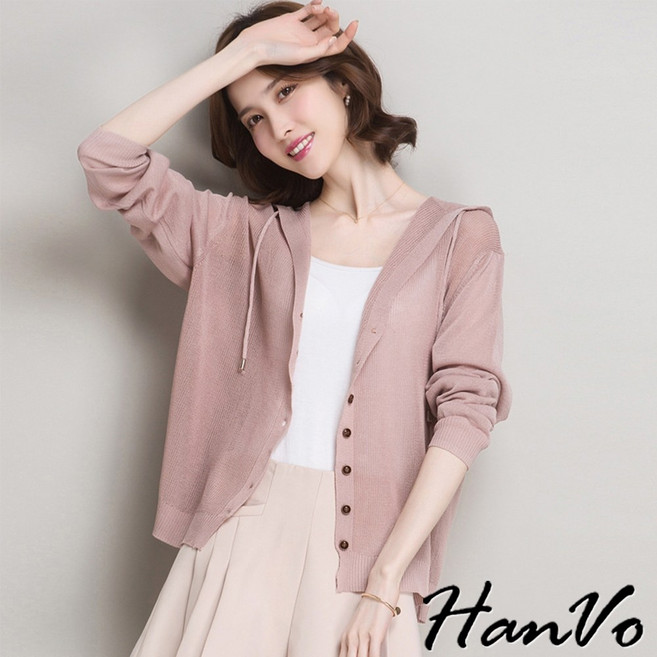 HanVo 韓版落肩針織連帽薄外套 排扣長袖外套 A07-5004