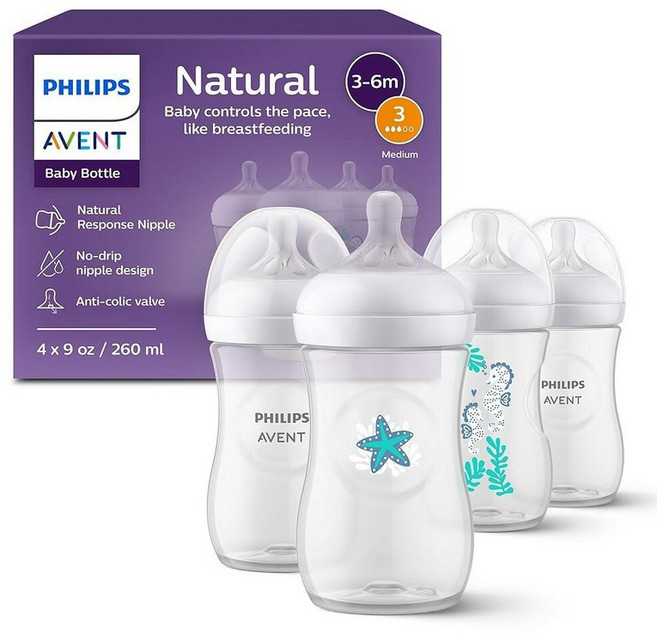 141163 Philips Avent 천연 반응 젖꼭지가 있는 아기 젖병 바다 디자인 266ml(9온스) 4팩 SCY903/68, 255g(9온스)
