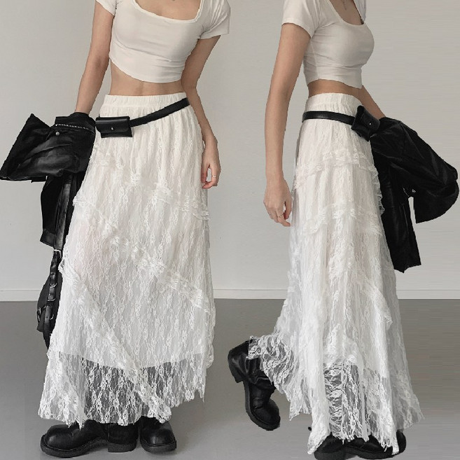 꾸꾸 언발 샤랄라 롱 스커트 / 여성용 편안한 허리밴딩 치마 A라인 레이스 디테일 유니크 언발란스 롱치마 레이어드 주름 여신핏 안감 (HY-6173)