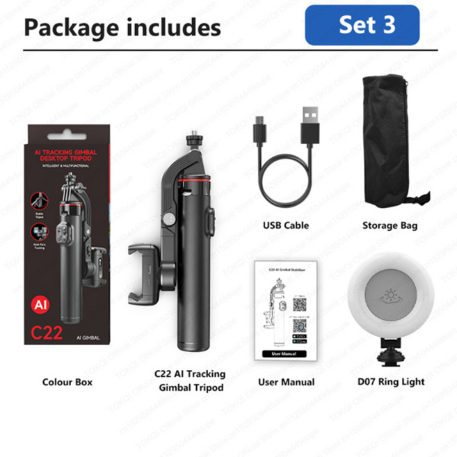 C22 핸드헬드 짐벌 360 ° AI 얼굴 추적 촬영 안정기 Smartphoes용 다기능 리모콘이 포함된 셀카봉 데스크, 01 빠른, 05 Set 3-Bag-D07