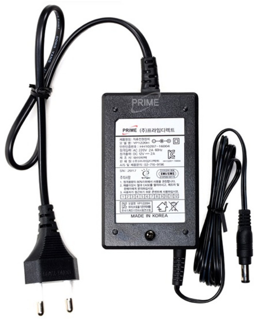 (프라임디렉트) 아답터 220V / 12V 2A (내경2.1~2.5mm/외경5.5mm) 전원 케이블 일체형 (비닐포장), 1개, 단품
