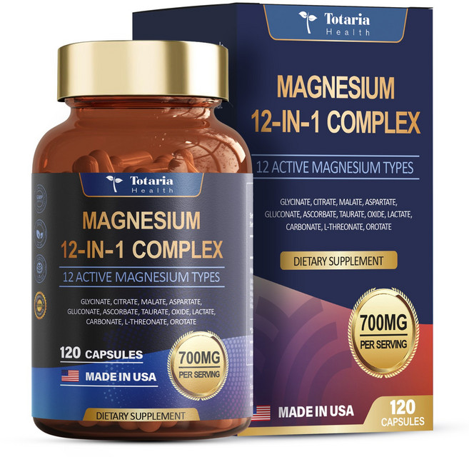 Totaria 고함량 활성형 마그네슘 700mg 글리시네이트 시트레이트 등 12종 함유 고흡수 미국산 영양제, 1박스, 120정