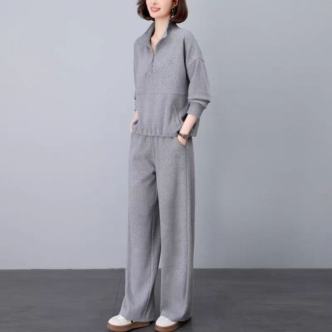 중년 여성 맨투맨 + 바지 세트 캐주얼 코튼 세트업 와이드 팬츠 반집업 긴팔 탑 JS