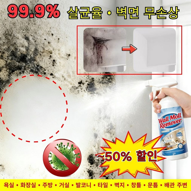 1/1+1 초강력 곰팡이 제거 스프레이 99.9% 살균 욕실 벽 주방 창틀 곰팡이 완전 제거 다용도 세정제 선물 랜덤 증정, 1개, 500ml