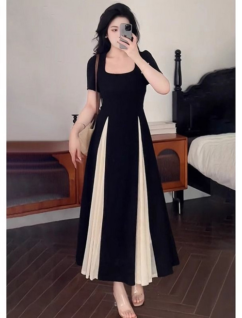 法式大碼連衣裙 收腰顯瘦, 黑拼杏,5XL 200斤-240斤, 黑拼杏