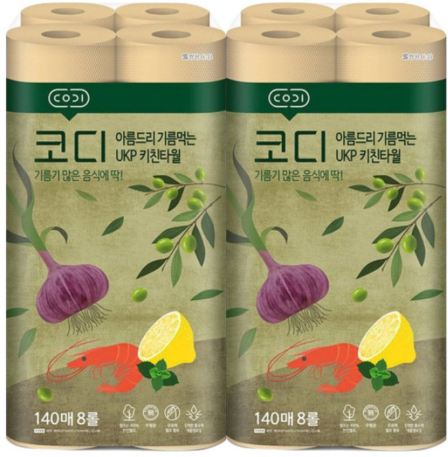 코디 아름드리 기름먹는 천연펄프 키친타올, 140매, 16개