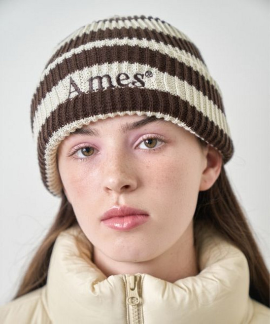 아메스 월드와이드 amesworldwide STRIPE KNIT BEANIE BROWN
