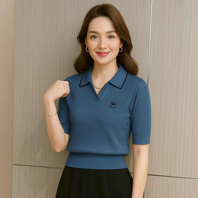 피치레이디 고급핏 페미닌 배색 카라 반팔 니트티