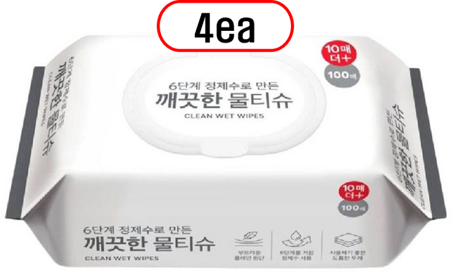 크린센스 깨끗한 물티슈, 4개, 110매입, 480g