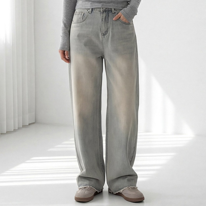 라뷰드 여성 밑단 포인트 와이드 일자 데님 팬츠 데일리 코디 편안한 스판 청바지 힙한 스타일 빈티지 워싱 패션 스트레이트 롱기장 루즈핏 하의