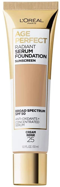 L'Oreal 파리 에이지 퍼펙트 래디언트 세럼 파운데이션 SPF 50 누드 베이지 1oz, 025 크림 베이지 - 쿠팡