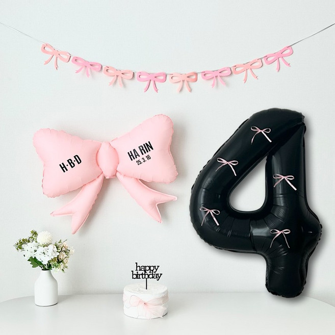 연지마켓 리본 숫자 풍선 블랙 생일 파티 두돌 세트 (자유레터링), 1세트, 리본풍선 블랙 4