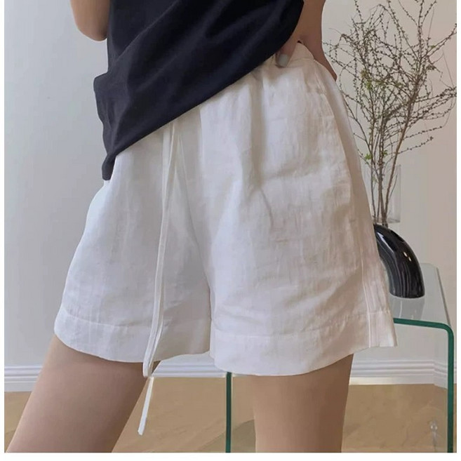 영메이 YM23477 여성용 캐주얼 여름 린넨 흰색 반바지 허리끈조임 허리밴딩 면바지