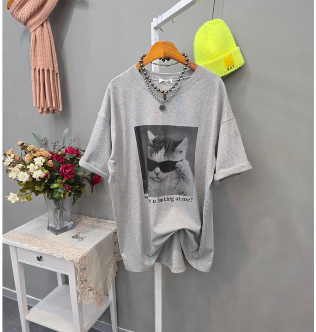 냥이 프린트 박스핏 반팔티