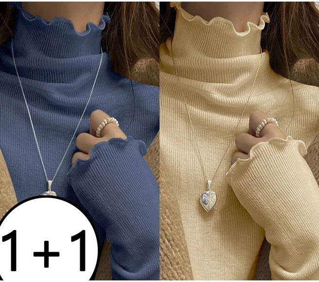 1+1 봄 가을 여자용 긴팔티 따뜻한 목프릴 반폴라 보온 골지 긴팔 티셔츠 YCY