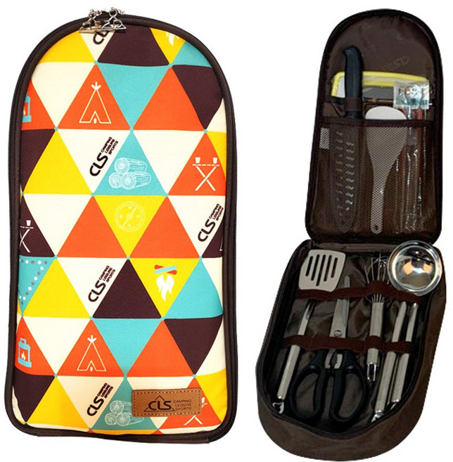 (캠핑플렉스) 캠핑 키친툴세트 파우치 토치 바람막이 캠핑용 조리도구 세트 휴대용 주방용품 국자 주걱 가위 집게, 키친툴 9P 세트(삼각무늬), 1개
