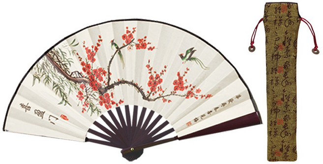 실크 대나무부채 D타입 중형 + 부채주머니 세트, 1세트, I형+카키주머니