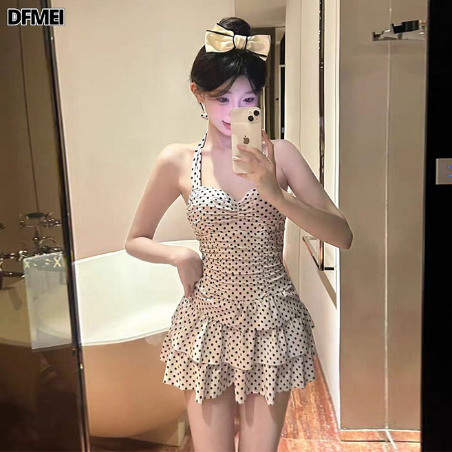 QRU 韓國ins風復古經典波膽蛋糕裙款 修身顯瘦大小胸連體游泳衣女泳裝, 均碼【70-120斤】