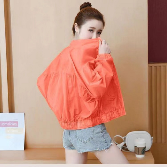 防曬衣女春夏季新款透氣戶外防紫外線防曬衫薄外套短款, 桔紅色, 2XL【建議130-145斤】