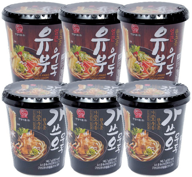 본고장 수타식 생면 간편식 가쓰오우동 소컵 1, 1세트, 가쓰오우둥 한구룻 3개 + 유부우동 한그릇 3개