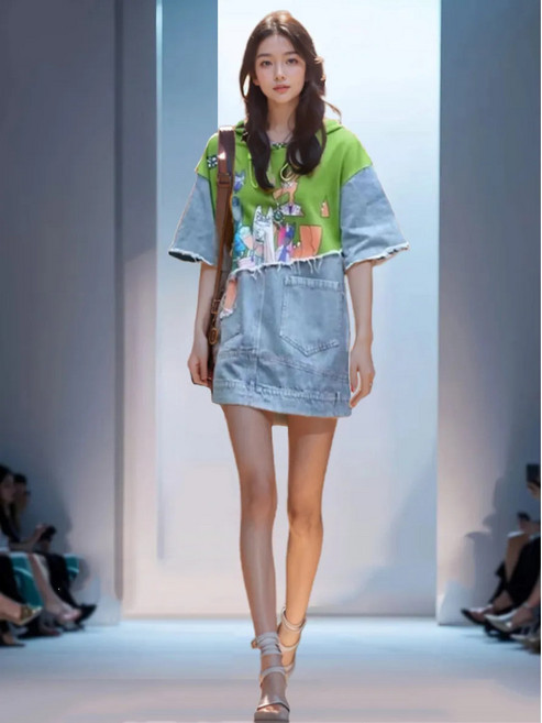 歐洲站2024春夏小衆個性卡通印花上衣設計感寬鬆顯瘦拼接連衣裙女