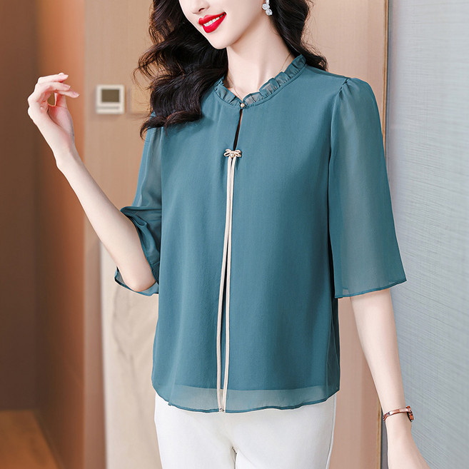 SELEAD 여름반팔 쉬폰 고귀한 중년여성 블라우스 세련된 레이디 이중 반팔 셔츠 엄마옷 빅 사이즈 3컬러