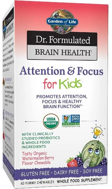 Garden of Life GardenofLife Dr. Formulated Attention&Focus Kids 가든오브라이프 닥터포뮬레이티드 브레인헬쓰 어텐션&포커스 키즈 수박&베리츄어블 대두프리 60정, 1개 - 쿠팡
