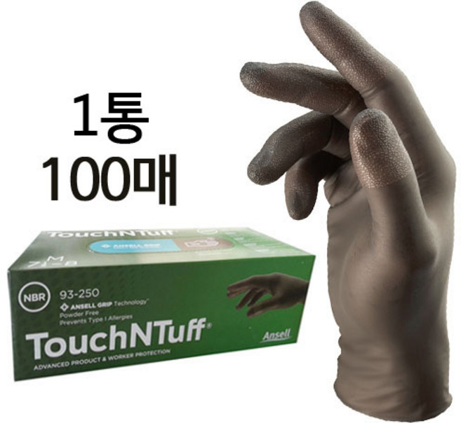 안셀 Ansell 터치앤터프 93-250 일회용 내화학 니트릴 장갑 (100매), 다크그레이, 1개