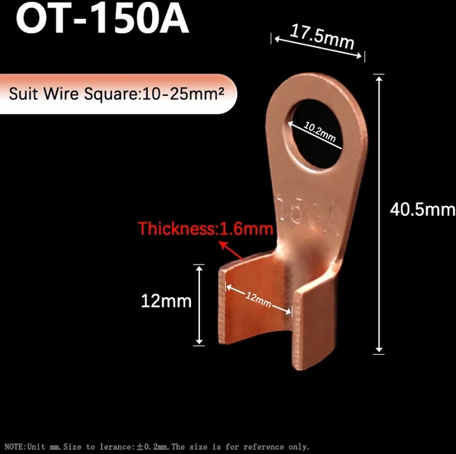 OT 시리즈 와이어 터미널 빨간색 구리 베어 코 러그 크림프 오픈 마우스 케이블 커넥터 스플라이스 100A, 06 150A, 06 2 pieces