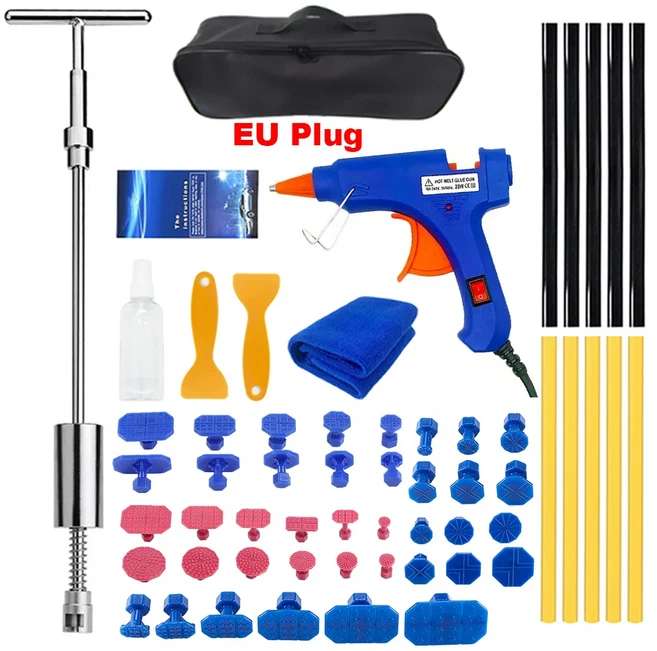 자동차 덴트 수리 시트 금속 도구 자동 조정 가능한 너비 + T 풀러 슬라이드 해머 리버스 해머 접착제 키트 액세서리, 58 Pcs Set EU Plug, 1개