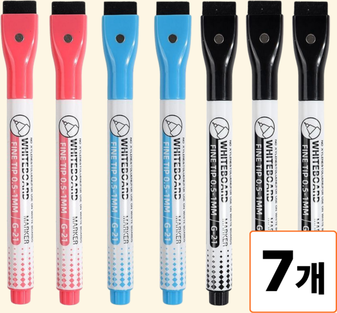 소소로이 얇은 화이트 보드마카펜 자석 얇은펜 마카펜 0.5mm 3색, 7개, 검정파랑빨강