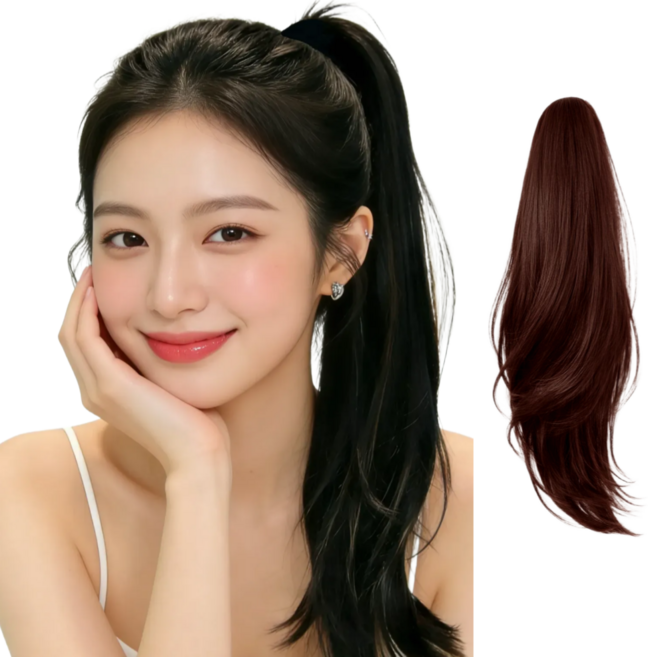 지니판 강력고정 큰집게형 C컬 레이어드컷 포니테일 긴머리 가발, 1개, 다크브라운