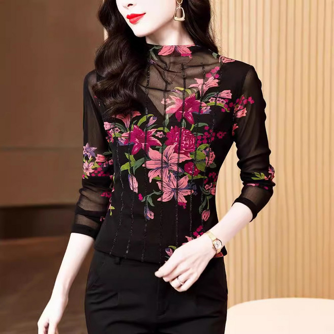 댄스복 상의 여성용 추동 하이넥 프린팅 핫픽스 긴팔 망사 스판 티셔츠 Women's T-shirt 뉴타임즈 P326F336