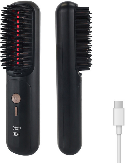 호밍사이 휴대용 무선 빗고데기 음이온 매직기 브러쉬 헤어 3단계 온도조절 USB 충전식 매직기, V-2371, 블랙