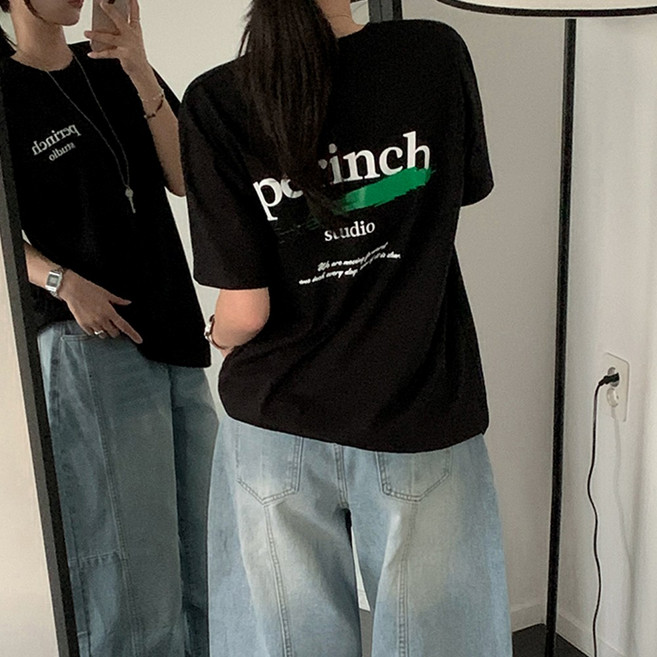 티데일리 남녀공용 인치 프린팅 오버핏 20수 라운드 반팔 티셔츠