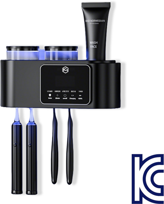 케이엠 무타공 설치 스마트 무선충전 가정용 살균 건조 양치컵세트 칫솔살균기, 블랙
