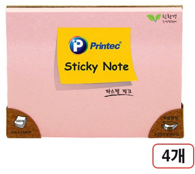프린텍)스티키노트 파스텔(102x76mm100매), 핑크10276P, 4개, 100매