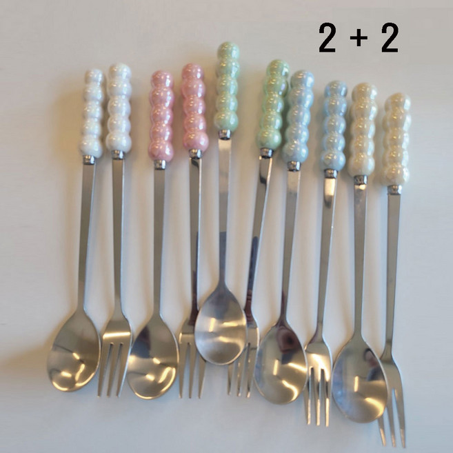 구슬이 티스푼 포크 세트, 4세트, 민트+민트