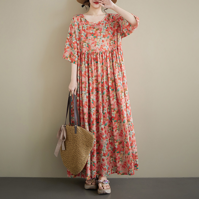ZAJA 중년 여성 홈웨어 플라워 루즈핏 여름 린넨 원피스