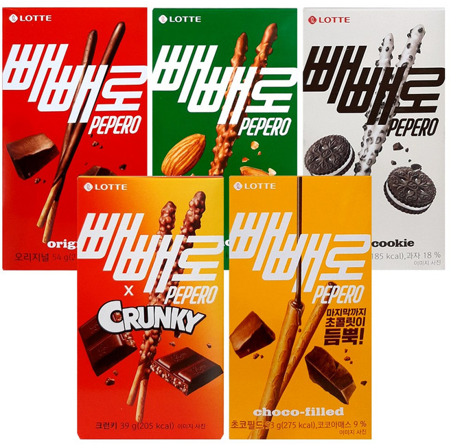 롯데웰푸드 빼빼로 5종 1개씩 (초코 오리지널54g+아몬드37g+화이트쿠키37g+크런키39g+초코필드53g), 1개