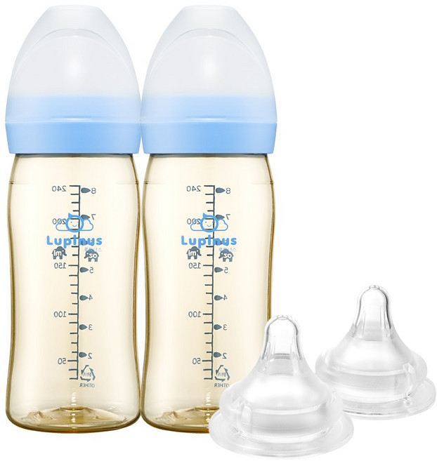 루피너스 PPSU 젖병 240ml 트윈팩(스카이블루/2개입)+젖꼭지(2개입), 스카이블루/3단계(M)