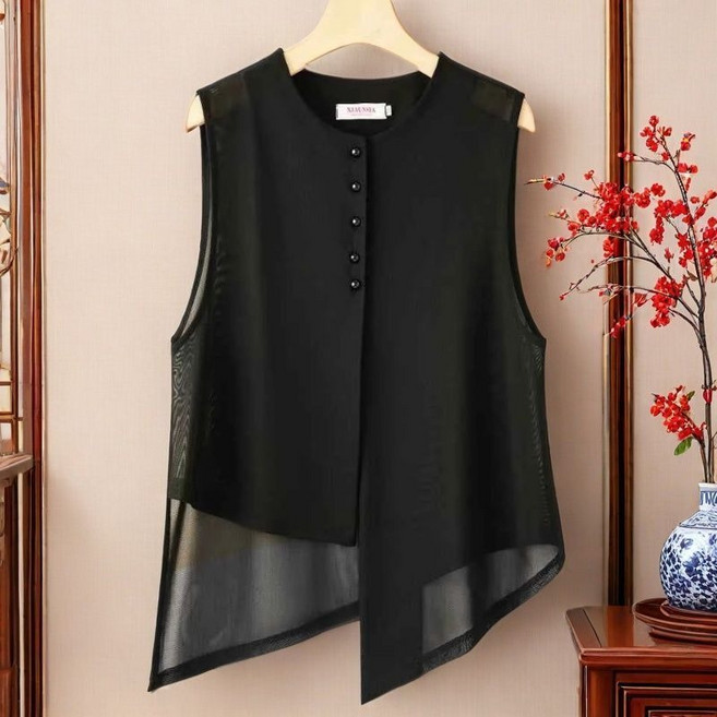 중년 여성용 루즈핏 민소매 얇은 쉬폰 카디건 코트 캐주얼 나시 아우터 조끼