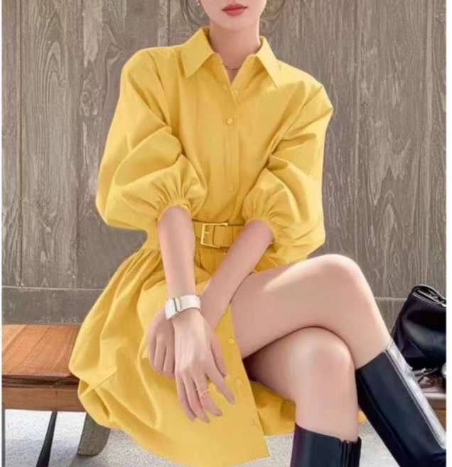 히또리 X4451 컬러풀 핏 좋은 셔츠형 벨트 세트 7부 주머니 미니 원피스