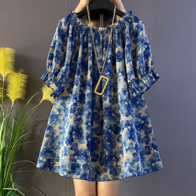 빅사이즈 여성 프릴 플라워 풀오버 셔링 하프기장 반팔 블라우스 티셔츠 박시티