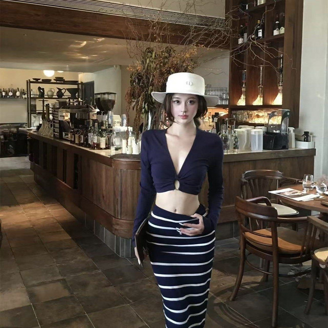 分體三件套長袖比基尼長裙性感泳衣, 1個, 藏青色上衣XL