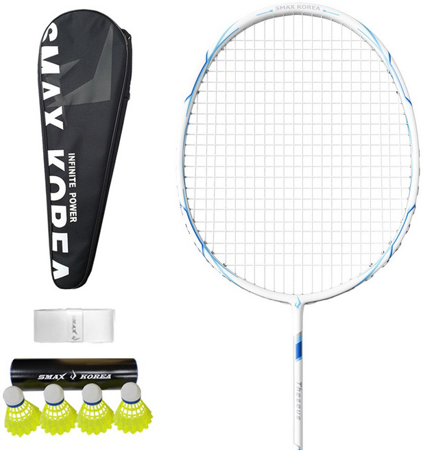 스맥스코리아 풀카본 초경량 배드민턴 라켓 테세우스 화이트 7u + 그립 + 셔틀콕4p