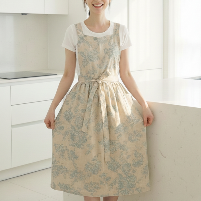 우비아 주방용 프렌체 원피스 앞치마, 1개, 아이보리 블루