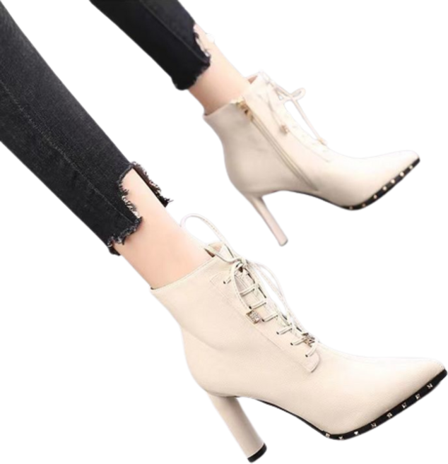 여자 봄과 가을 하이힐 발목 부츠 겨울 포인팅 하이힐 청키 힐 발목 부츠 여자 뉴 레이스 업 올 매치 9CM 하이힐 부츠 OGEJAJ10J