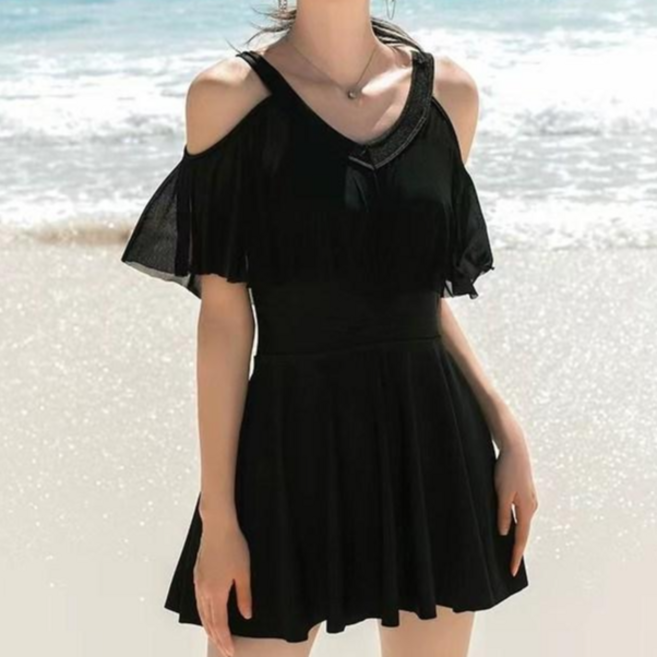 여자 원피스 수영복 오프 숄더 체형커버 반바지일체형, 상세페이지 참조