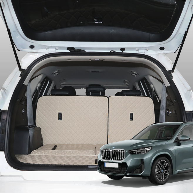bmw ix1 트렁크매트 자동차 커버 차박 매트 가죽, 트렁크매트 + 등받이, 블랙+레드, BMW iX1 23년 03월 ~